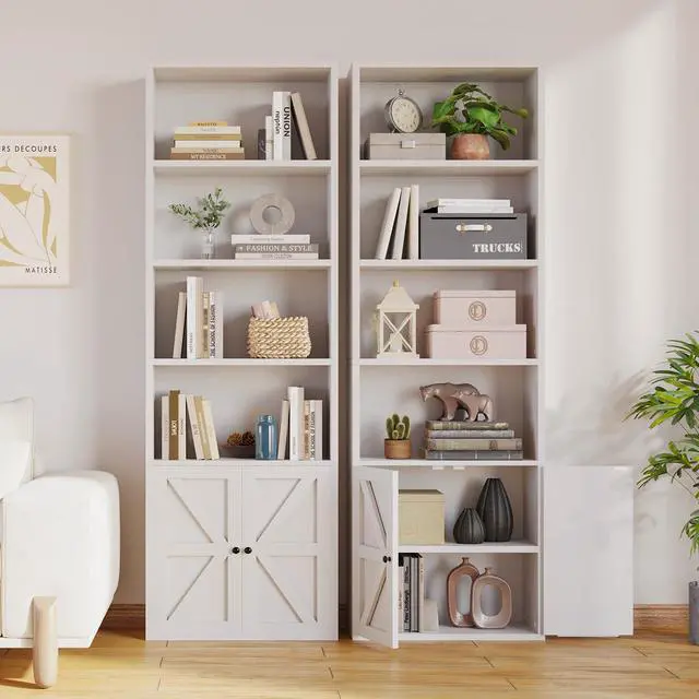 Alt view image 3 of 5 - 6-Tier Bookshelf and Bookcase Set of 2, Wooden Bookshelves with Cabinet Doors, Floor Bookshelves and Office Storage Cabinets for Home Office, Living Room (White 2 Pack, 6-Tier)