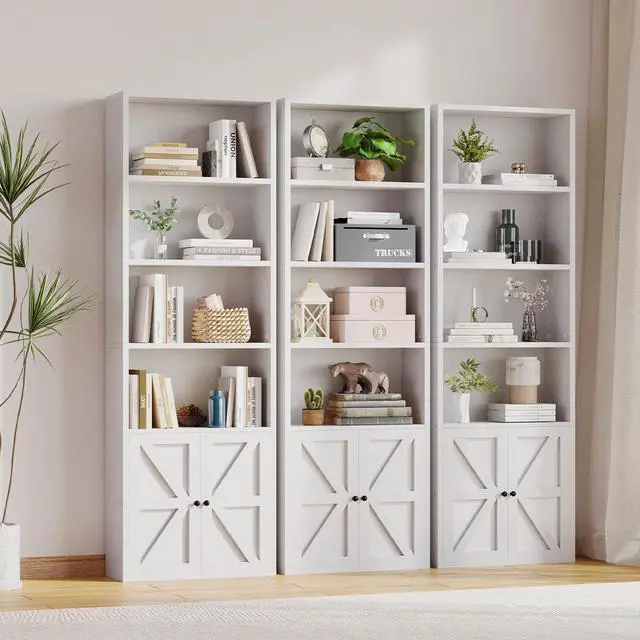 Alt view image 4 of 5 - 6-Tier Bookshelf and Bookcase Set of 2, Wooden Bookshelves with Cabinet Doors, Floor Bookshelves and Office Storage Cabinets for Home Office, Living Room (White 2 Pack, 6-Tier)