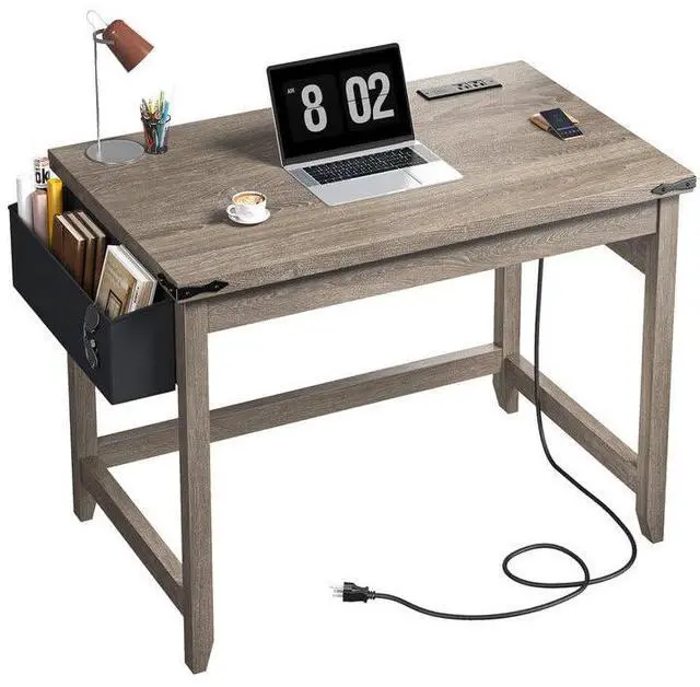 Main image of 32" Farmhouse Writing Desk,Small Bedroom Desk with Power Outlet and Storage Bag, Sturdy Computer Desk for Small Spaces, Thickened Solid,Compact Home Office Desk for Bedroom Study,Ash Gray