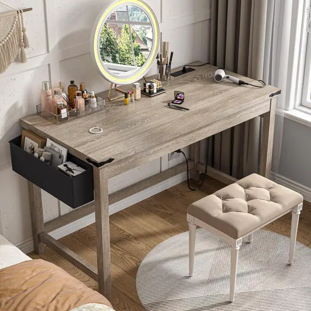 Alt view image 2 of 6 - 32" Farmhouse Writing Desk,Small Bedroom Desk with Power Outlet and Storage Bag, Sturdy Computer Desk for Small Spaces, Thickened Solid,Compact Home Office Desk for Bedroom Study,Ash Gray