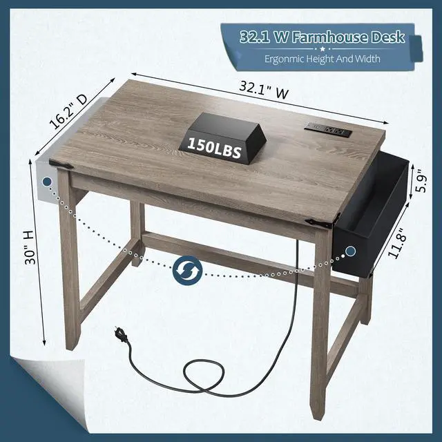 Alt view image 3 of 6 - 32" Farmhouse Writing Desk,Small Bedroom Desk with Power Outlet and Storage Bag, Sturdy Computer Desk for Small Spaces, Thickened Solid,Compact Home Office Desk for Bedroom Study,Ash Gray