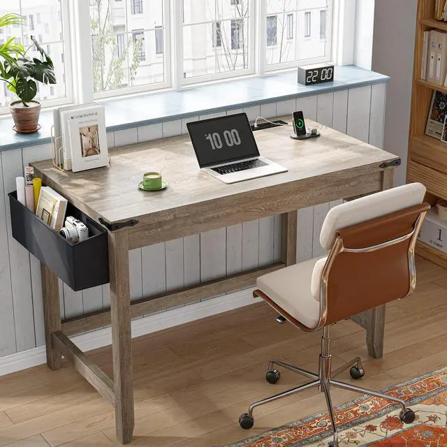 Alt view image 4 of 6 - 32" Farmhouse Writing Desk,Small Bedroom Desk with Power Outlet and Storage Bag, Sturdy Computer Desk for Small Spaces, Thickened Solid,Compact Home Office Desk for Bedroom Study,Ash Gray