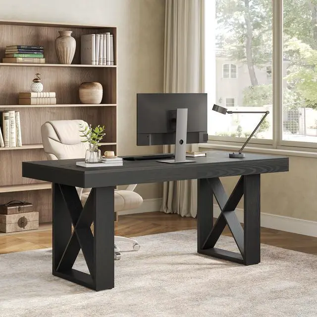 Alt view image 3 of 6 - 63-Inch Long Computer Desk, Simple Wood Thick Appearance Design, Study Writing Gaming Work Executive Desk for Home Office, Black