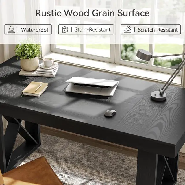 Alt view image 4 of 6 - 63-Inch Long Computer Desk, Simple Wood Thick Appearance Design, Study Writing Gaming Work Executive Desk for Home Office, Black