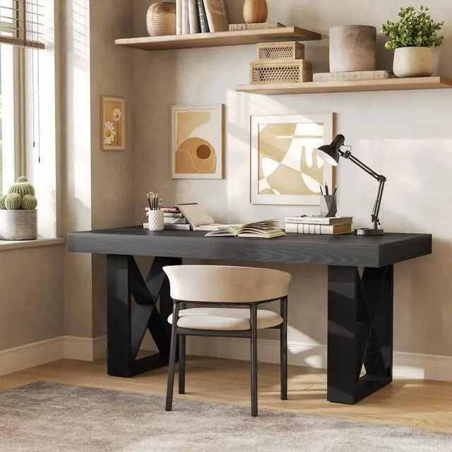 Alt view image 6 of 6 - 63-Inch Long Computer Desk, Simple Wood Thick Appearance Design, Study Writing Gaming Work Executive Desk for Home Office, Black