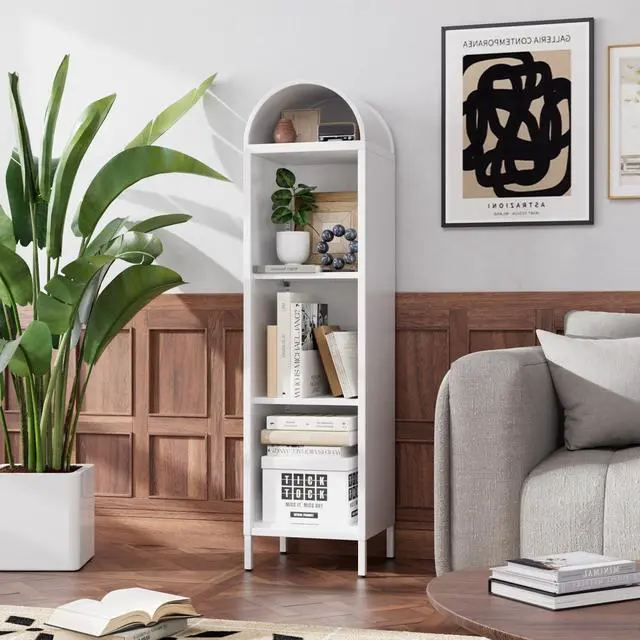 Alt view image 2 of 12 - 63" H Arch Display Bookcase with 2 Adjustable Shelves, Kitchen Pantry Storage Bookshelf for Dining Room, Home, Office, Kitchen, Study Room, Assembly Required, White
