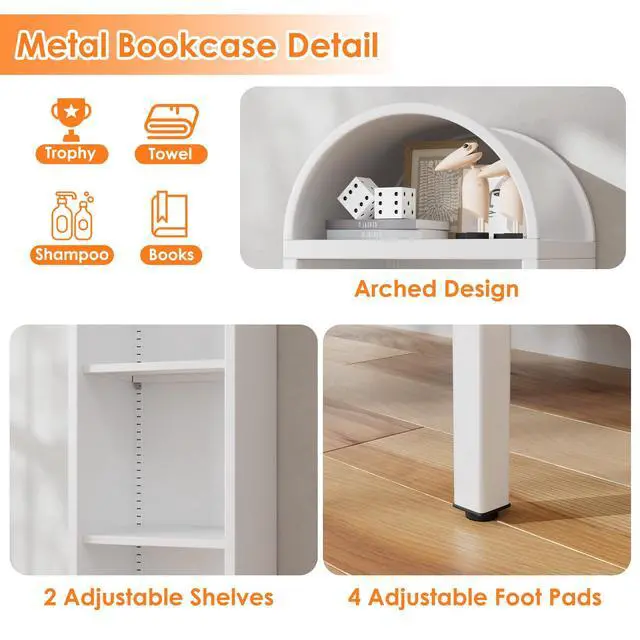 Alt view image 4 of 12 - 63" H Arch Display Bookcase with 2 Adjustable Shelves, Kitchen Pantry Storage Bookshelf for Dining Room, Home, Office, Kitchen, Study Room, Assembly Required, White