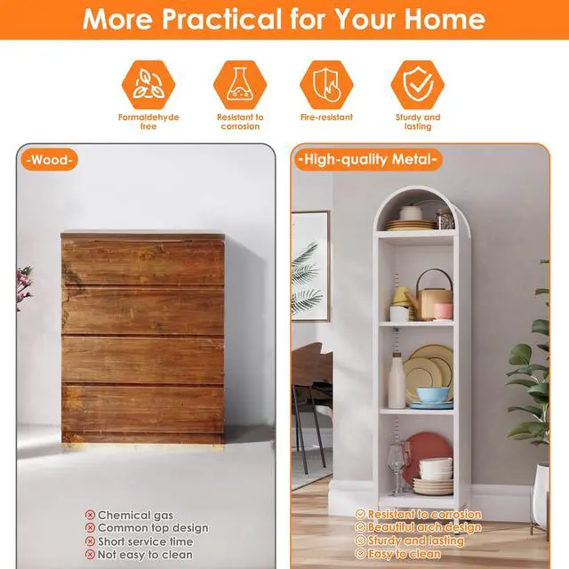 Alt view image 6 of 12 - 63" H Arch Display Bookcase with 2 Adjustable Shelves, Kitchen Pantry Storage Bookshelf for Dining Room, Home, Office, Kitchen, Study Room, Assembly Required, White