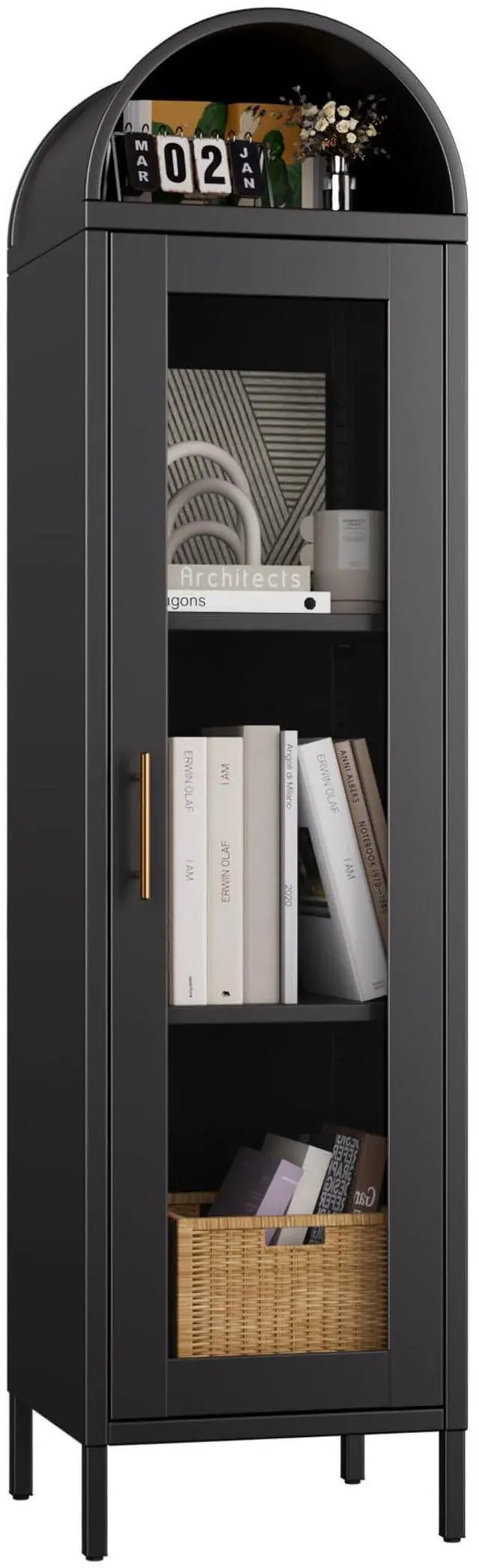 Main image of 63H Metal Arched Display Cabinet with Glass Door,Arched Bokcase with 2 Adjustable Shelves for Home Office,Assembly Required, Black