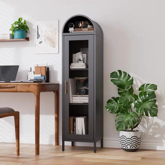 Alt view image 2 of 6 - 63H Metal Arched Display Cabinet with Glass Door,Arched Bokcase with 2 Adjustable Shelves for Home Office,Assembly Required, Black