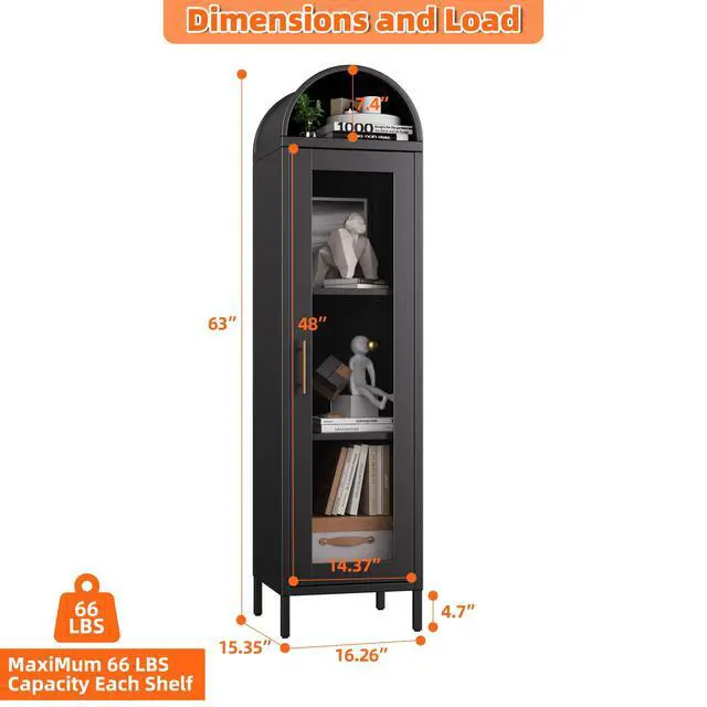Alt view image 3 of 6 - 63H Metal Arched Display Cabinet with Glass Door,Arched Bokcase with 2 Adjustable Shelves for Home Office,Assembly Required, Black