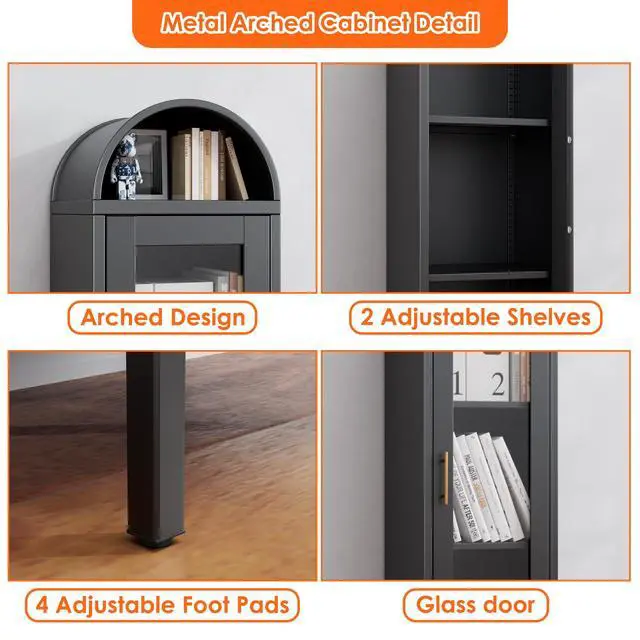 Alt view image 5 of 6 - 63H Metal Arched Display Cabinet with Glass Door,Arched Bokcase with 2 Adjustable Shelves for Home Office,Assembly Required, Black