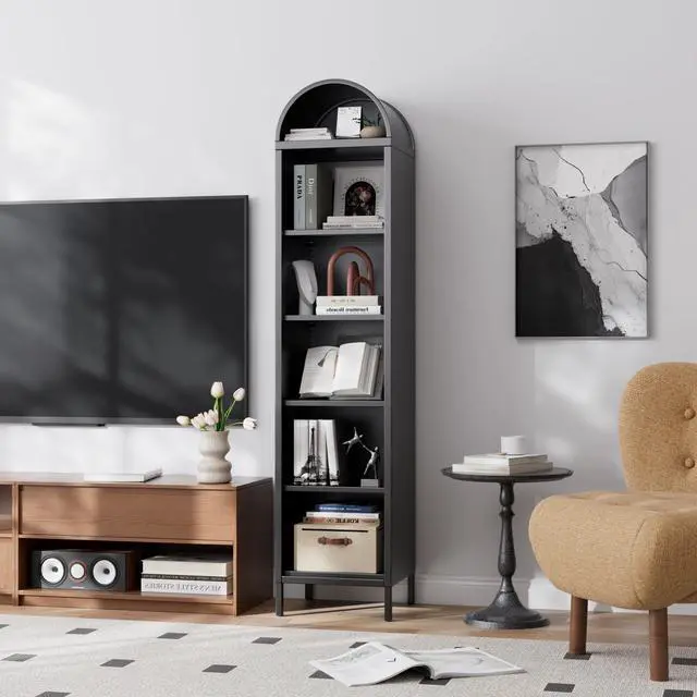 Alt view image 2 of 6 - Black Narrow Arched Bookshelf, 72.8" H Metal Arch Bookcase with 4 Adjustable Shelves, Open Display Arched Bookcase for Dining Room, Home, Office, Assembly Required