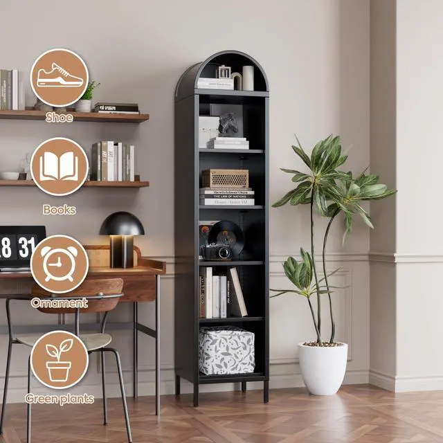 Alt view image 3 of 6 - Black Narrow Arched Bookshelf, 72.8" H Metal Arch Bookcase with 4 Adjustable Shelves, Open Display Arched Bookcase for Dining Room, Home, Office, Assembly Required