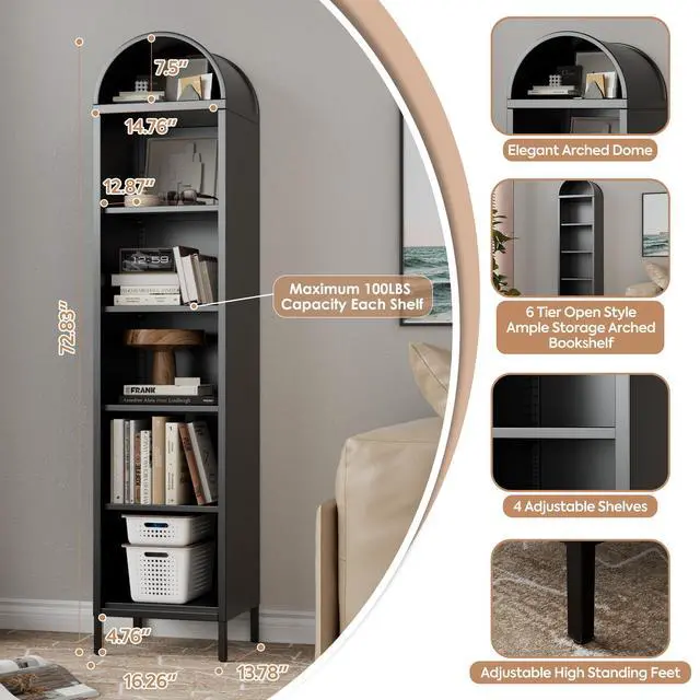 Alt view image 4 of 6 - Black Narrow Arched Bookshelf, 72.8" H Metal Arch Bookcase with 4 Adjustable Shelves, Open Display Arched Bookcase for Dining Room, Home, Office, Assembly Required