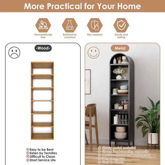 Alt view image 5 of 6 - Black Narrow Arched Bookshelf, 72.8" H Metal Arch Bookcase with 4 Adjustable Shelves, Open Display Arched Bookcase for Dining Room, Home, Office, Assembly Required