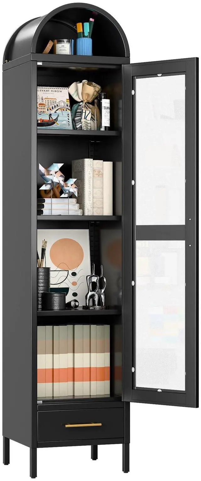 Main image of Metal Arched Display Cabinet with Glass Doors, Narrow Arched Bookcase with 3 Adjustable Shelves for Home Office, Assembly Required, Black
