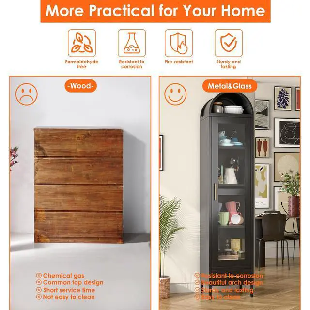 Alt view image 4 of 6 - Metal Arched Display Cabinet with Glass Doors, Narrow Arched Bookcase with 3 Adjustable Shelves for Home Office, Assembly Required, Black