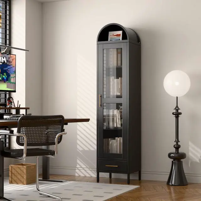 Alt view image 6 of 6 - Metal Arched Display Cabinet with Glass Doors, Narrow Arched Bookcase with 3 Adjustable Shelves for Home Office, Assembly Required, Black