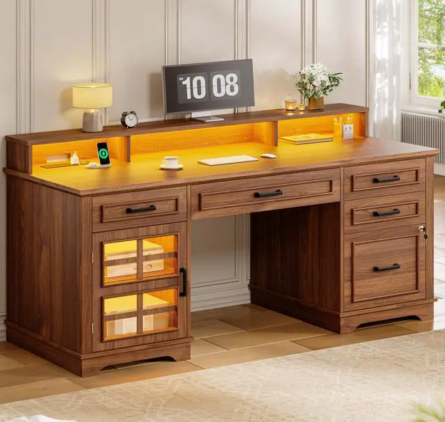 Main image of 60'' Farmhouse Executive Desk with Drawers, Home Office Desk with Power Outlet & LED Light, Wood Computer Desk with Monitor Stand, Locking File Drawer, Glass Storage Cabinet, Hooks