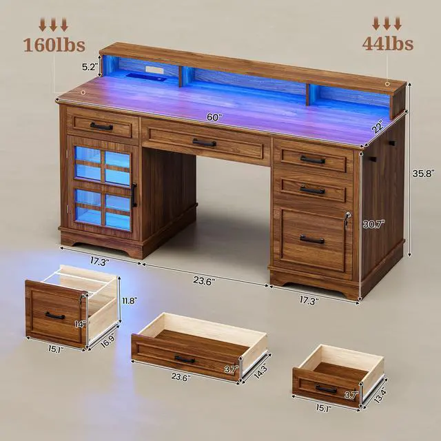 Alt view image 2 of 6 - 60'' Farmhouse Executive Desk with Drawers, Home Office Desk with Power Outlet & LED Light, Wood Computer Desk with Monitor Stand, Locking File Drawer, Glass Storage Cabinet, Hooks