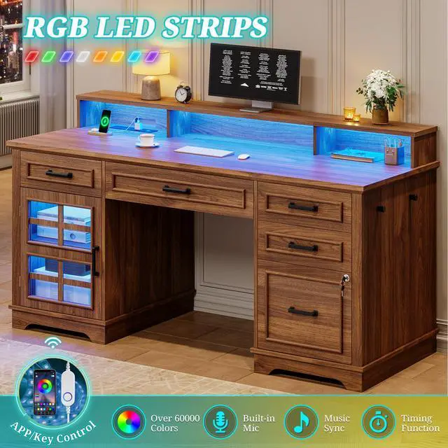 Alt view image 6 of 6 - 60'' Farmhouse Executive Desk with Drawers, Home Office Desk with Power Outlet & LED Light, Wood Computer Desk with Monitor Stand, Locking File Drawer, Glass Storage Cabinet, Hooks