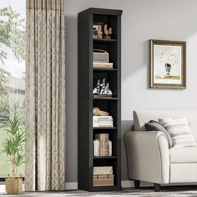 Main image of Tall Narrow Bookcase, 6-Tier, Black | Maximizing Vertical Space, Modern Family-Style Design, Suitable for Living Room, Home Office, Bedroom