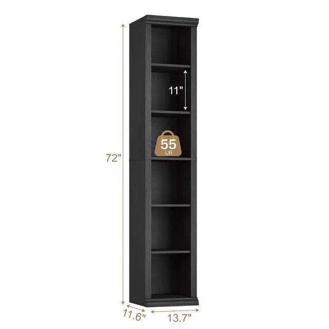 Alt view image 2 of 6 - Tall Narrow Bookcase, 6-Tier, Black | Maximizing Vertical Space, Modern Family-Style Design, Suitable for Living Room, Home Office, Bedroom