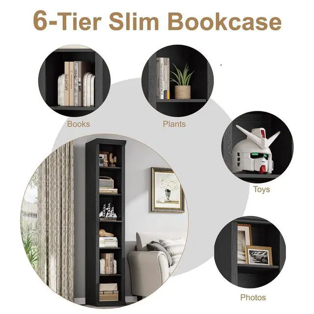 Alt view image 6 of 6 - Tall Narrow Bookcase, 6-Tier, Black | Maximizing Vertical Space, Modern Family-Style Design, Suitable for Living Room, Home Office, Bedroom