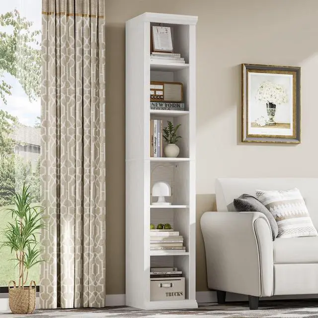Main image of Tall Narrow Bookcase, 6-Tier, White | Maximizing Vertical Space, Modern Family-Style Design, Suitable for Living Room, Home Office, Bedroom