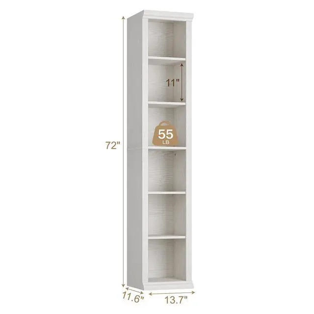 Alt view image 2 of 6 - Tall Narrow Bookcase, 6-Tier, White | Maximizing Vertical Space, Modern Family-Style Design, Suitable for Living Room, Home Office, Bedroom