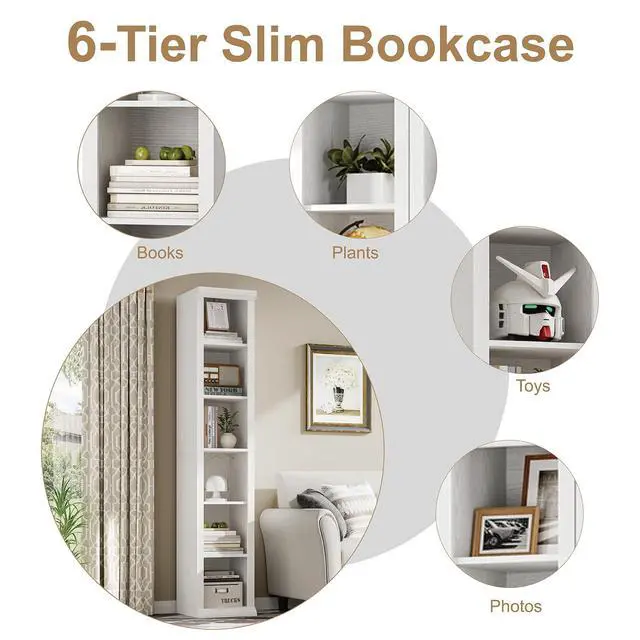 Alt view image 6 of 6 - Tall Narrow Bookcase, 6-Tier, White | Maximizing Vertical Space, Modern Family-Style Design, Suitable for Living Room, Home Office, Bedroom