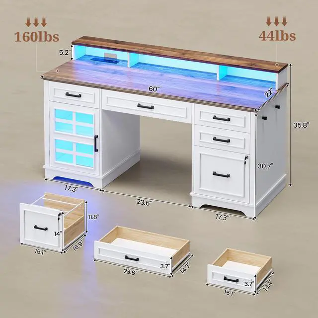 Alt view image 2 of 6 - 60'' Farmhouse Executive Desk with Drawers, Home Office Desk with Power Outlet & LED Light, Wood Computer Desk with Monitor Stand, Locking File Drawer, Glass Storage Cabinet, Hooks, White