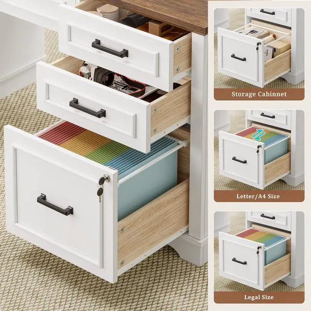 Alt view image 4 of 6 - 60'' Farmhouse Executive Desk with Drawers, Home Office Desk with Power Outlet & LED Light, Wood Computer Desk with Monitor Stand, Locking File Drawer, Glass Storage Cabinet, Hooks, White