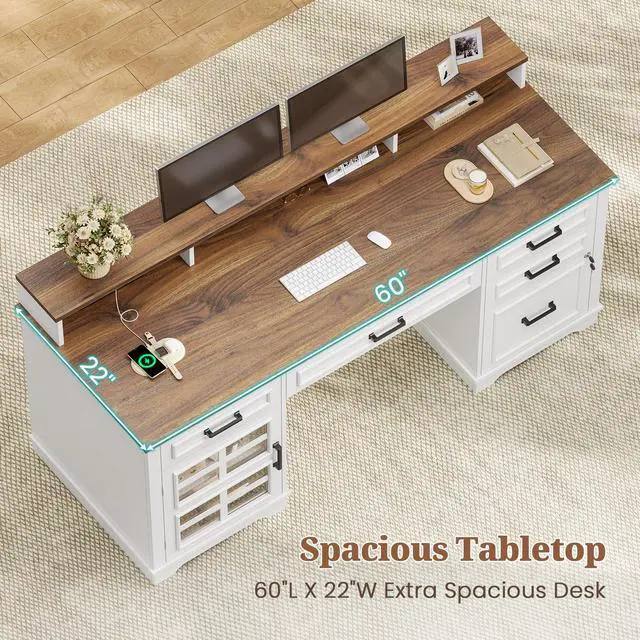 Alt view image 5 of 6 - 60'' Farmhouse Executive Desk with Drawers, Home Office Desk with Power Outlet & LED Light, Wood Computer Desk with Monitor Stand, Locking File Drawer, Glass Storage Cabinet, Hooks, White
