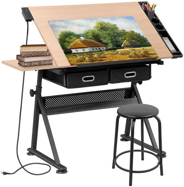 Main image of Drafting Table Set with Charging Station, Tilting Tabletop Adjustable Height Art Desk Multifunctional Craft Workstation with Stool, 2 Storage Drawers for Home Office School, Natural