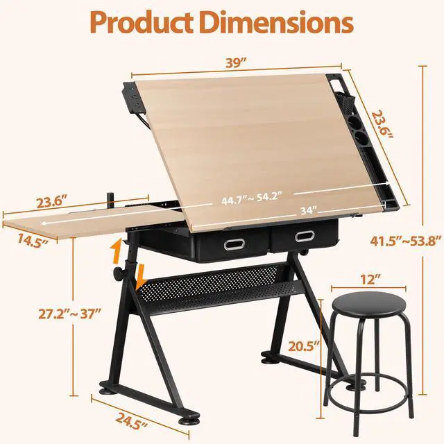 Alt view image 2 of 6 - Drafting Table Set with Charging Station, Tilting Tabletop Adjustable Height Art Desk Multifunctional Craft Workstation with Stool, 2 Storage Drawers for Home Office School, Natural