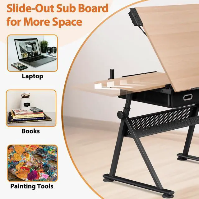 Alt view image 3 of 6 - Drafting Table Set with Charging Station, Tilting Tabletop Adjustable Height Art Desk Multifunctional Craft Workstation with Stool, 2 Storage Drawers for Home Office School, Natural