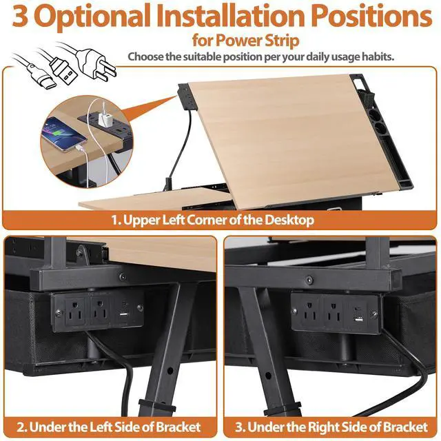 Alt view image 5 of 6 - Drafting Table Set with Charging Station, Tilting Tabletop Adjustable Height Art Desk Multifunctional Craft Workstation with Stool, 2 Storage Drawers for Home Office School, Natural