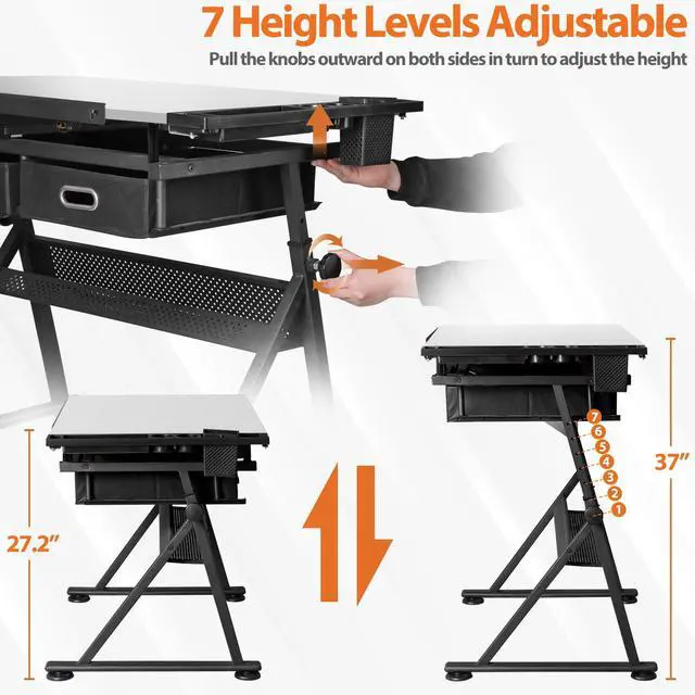Alt view image 2 of 6 - Adjustable Drafting Table Set with Charging Station, Tilting Drawing Desk Artist Desk with Stool Multifunctional Art Craft Workstation with 2 Storage Drawers, White