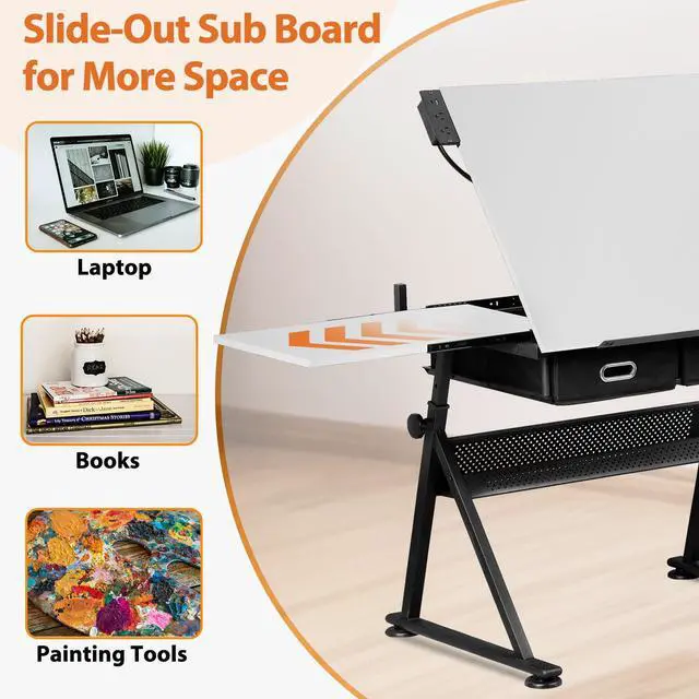 Alt view image 3 of 6 - Adjustable Drafting Table Set with Charging Station, Tilting Drawing Desk Artist Desk with Stool Multifunctional Art Craft Workstation with 2 Storage Drawers, White