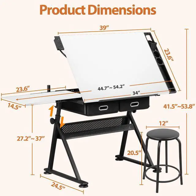 Alt view image 6 of 6 - Adjustable Drafting Table Set with Charging Station, Tilting Drawing Desk Artist Desk with Stool Multifunctional Art Craft Workstation with 2 Storage Drawers, White