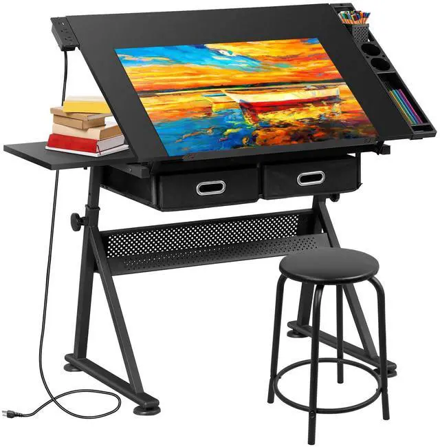 Main image of Adjustable Drafting Table Set with Charging Station, Art Table for Adults, Artist Table with Stool Multifunctional Craft Workstation with 2 Storage Drawers for Home Office School