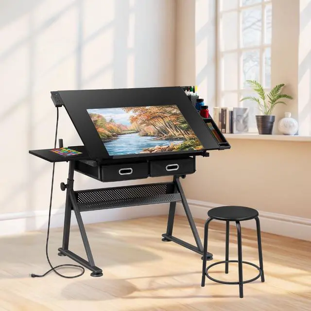 Alt view image 2 of 6 - Adjustable Drafting Table Set with Charging Station, Art Table for Adults, Artist Table with Stool Multifunctional Craft Workstation with 2 Storage Drawers for Home Office School