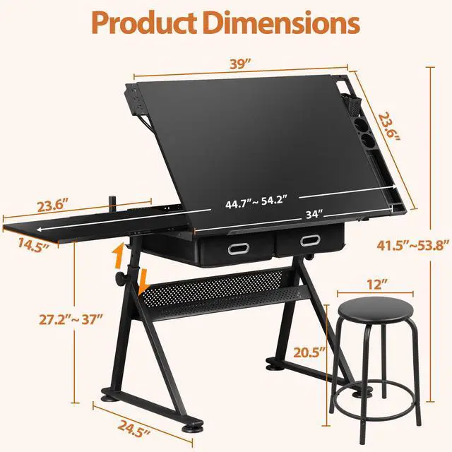Alt view image 3 of 6 - Adjustable Drafting Table Set with Charging Station, Art Table for Adults, Artist Table with Stool Multifunctional Craft Workstation with 2 Storage Drawers for Home Office School