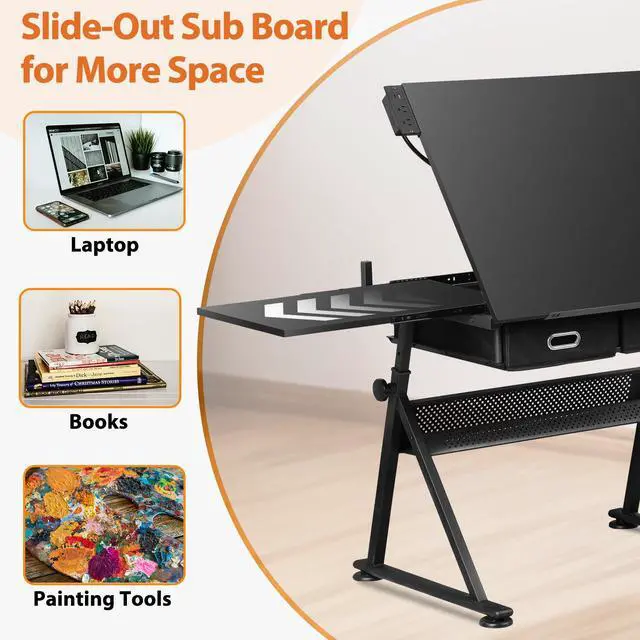 Alt view image 4 of 6 - Adjustable Drafting Table Set with Charging Station, Art Table for Adults, Artist Table with Stool Multifunctional Craft Workstation with 2 Storage Drawers for Home Office School