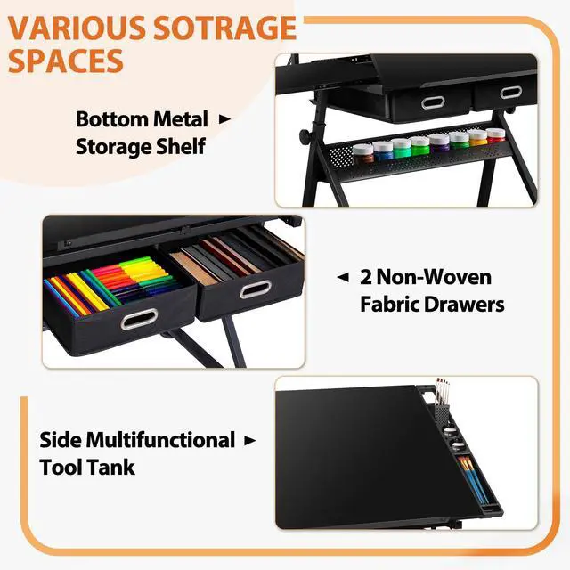 Alt view image 5 of 6 - Adjustable Drafting Table Set with Charging Station, Art Table for Adults, Artist Table with Stool Multifunctional Craft Workstation with 2 Storage Drawers for Home Office School