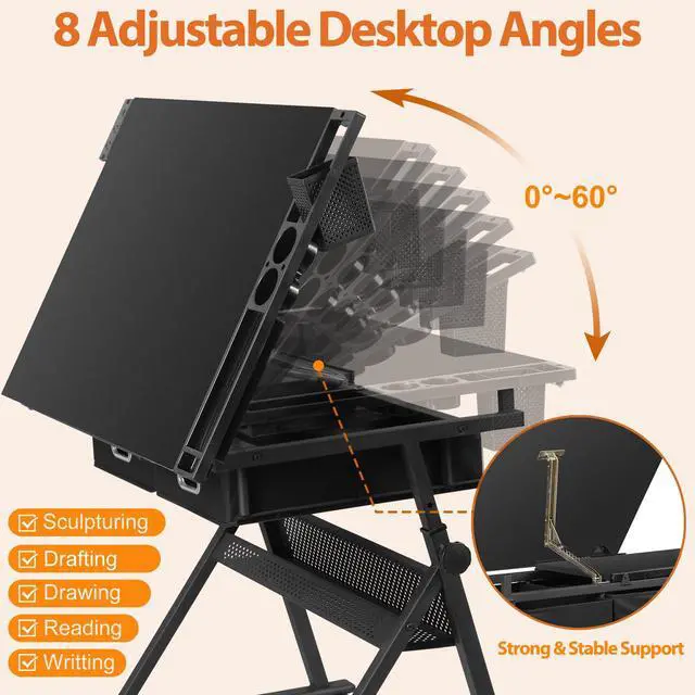 Alt view image 6 of 6 - Adjustable Drafting Table Set with Charging Station, Art Table for Adults, Artist Table with Stool Multifunctional Craft Workstation with 2 Storage Drawers for Home Office School