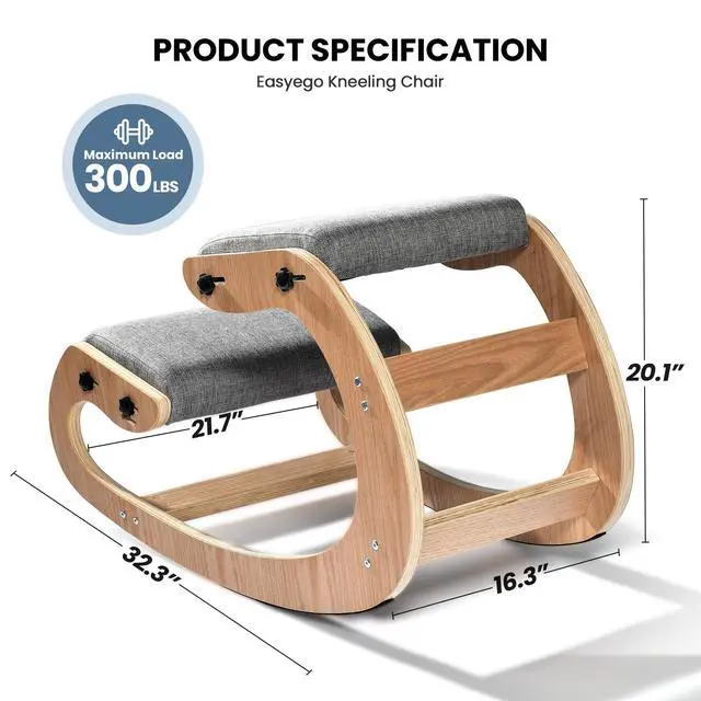 Alt view image 3 of 6 - Kneeling Chair Ergonomic Posture Chair, Wood Adjustable Rocking Knee with Soft Padding, Natural Relief for Neck or Back Pain for Home Office, Max Load 300 lb - Gray