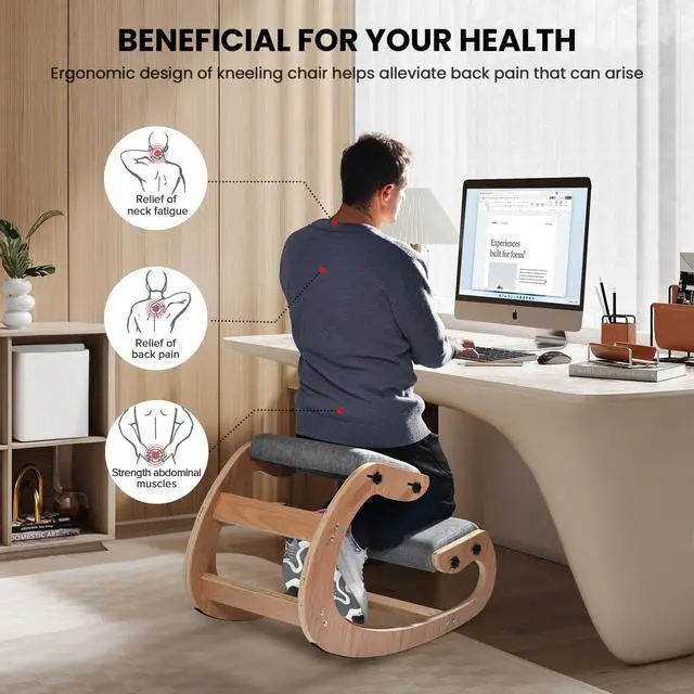 Alt view image 5 of 6 - Kneeling Chair Ergonomic Posture Chair, Wood Adjustable Rocking Knee with Soft Padding, Natural Relief for Neck or Back Pain for Home Office, Max Load 300 lb - Gray